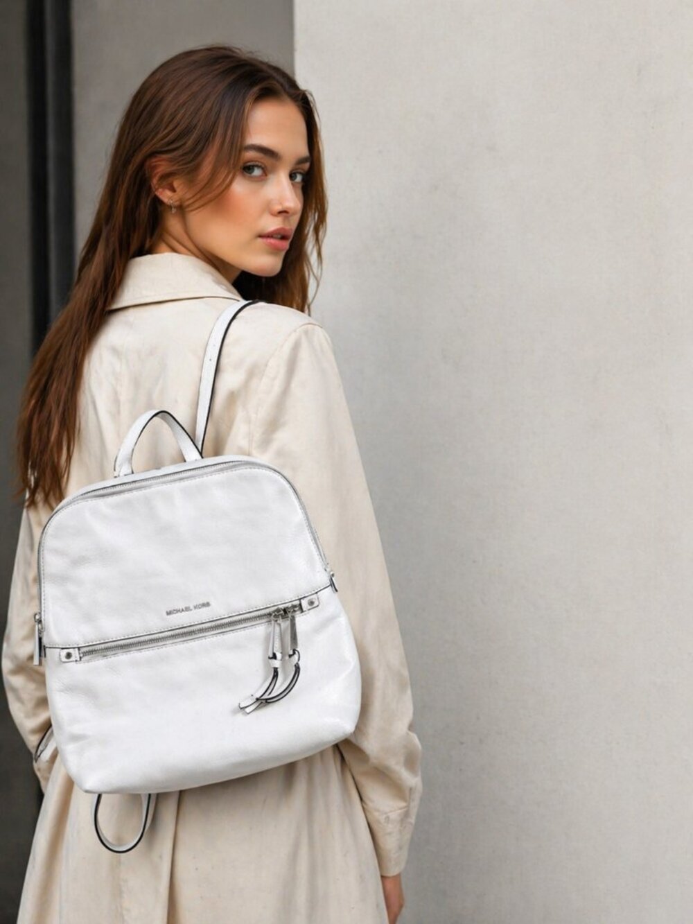 Michael Kors White Leather Backpack Women MK Gold Hardware Medium Travel Work